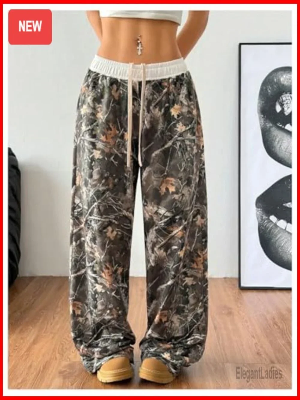 Wide Leg Baggy Sweatpants Drawstring Elastic Waist Y2K Camo Pants